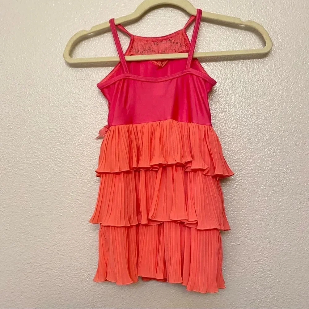 WEISSMAN Dance Costume coral orange lace leotard dress MC medium child 10/12